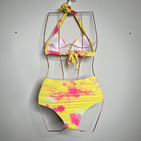 Shein small yellow and pink tie dye bikini NWOT still has sanitary liner - Picture 2 of 3